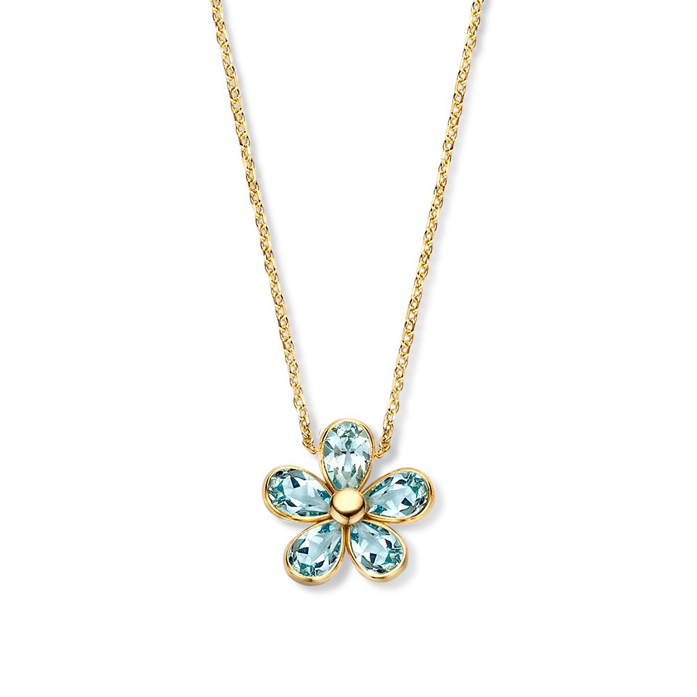 Geelgouden collier met speelse bloemhanger gezet met blauwe topaas.
