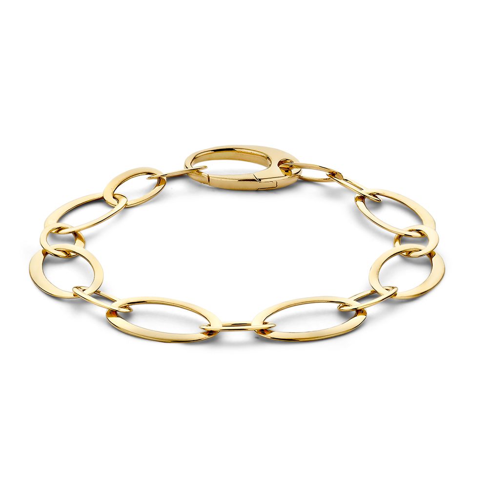 Prachtige geelgouden armband met zeer platte schakels in verschillende groottes.

