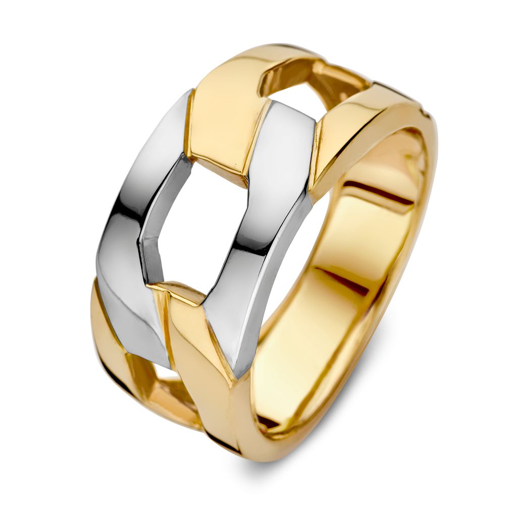 Brede statement ring in bicolor wit- en geelgouden uitvoering. De strakke, vlakke schakel geven deze ring een unieke uitstraling.
