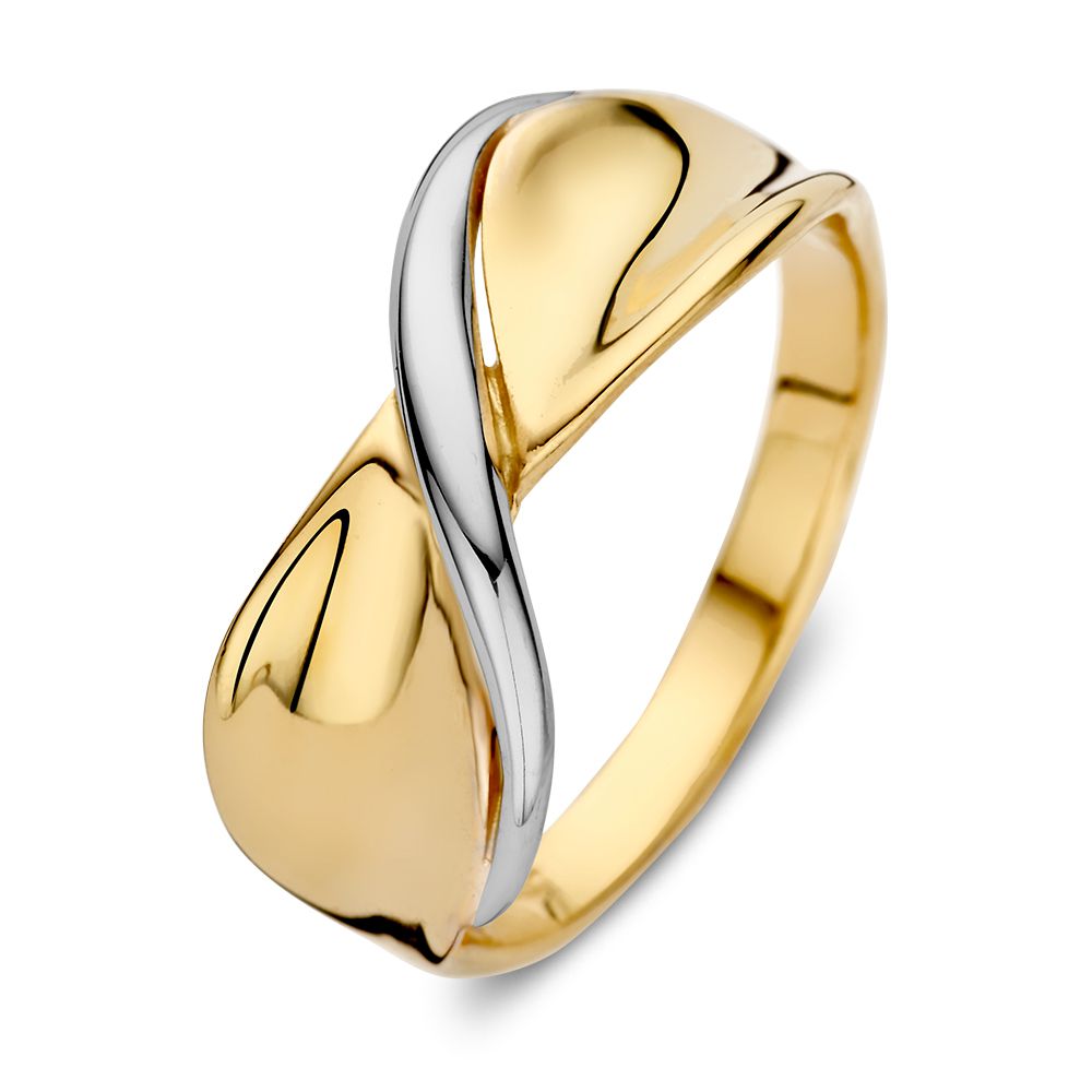 Bicolor wit- en geelgouden ring met opvallende twist.
