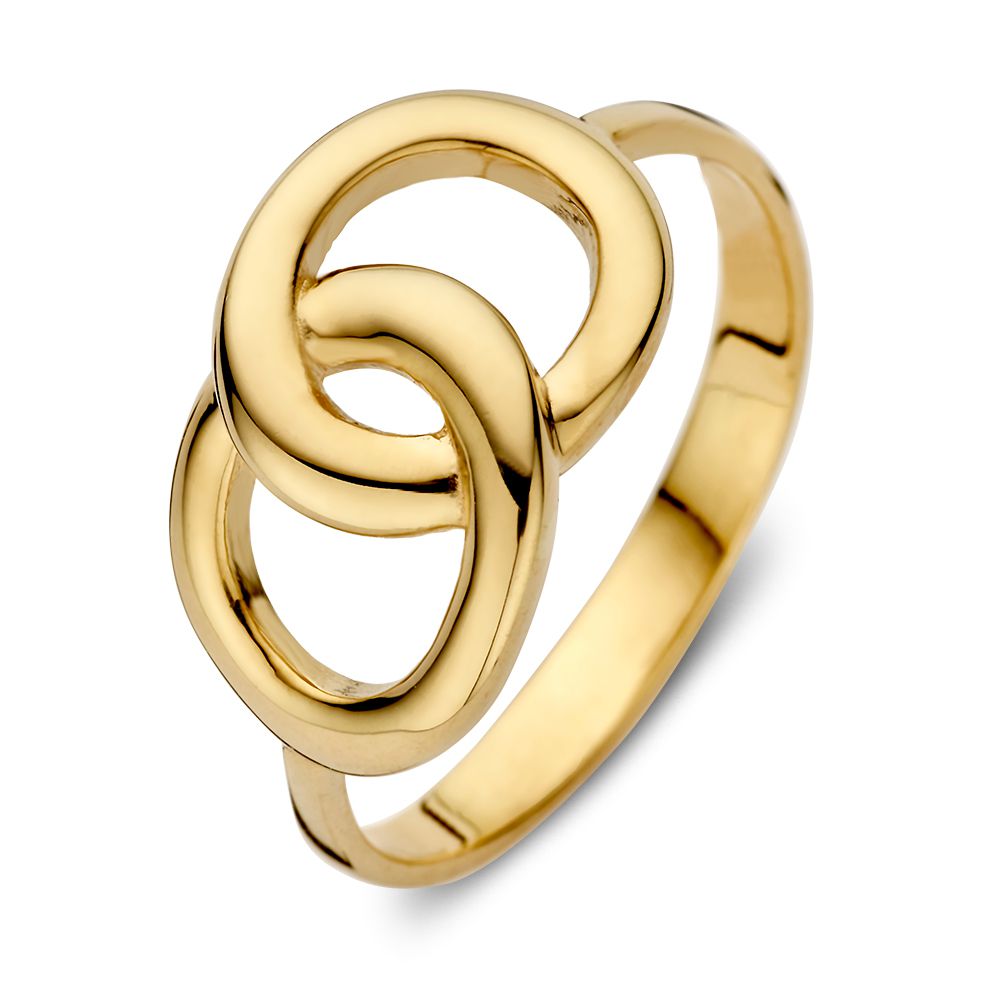 Geelgouden ring met bovenop twee verbonden schakels.
