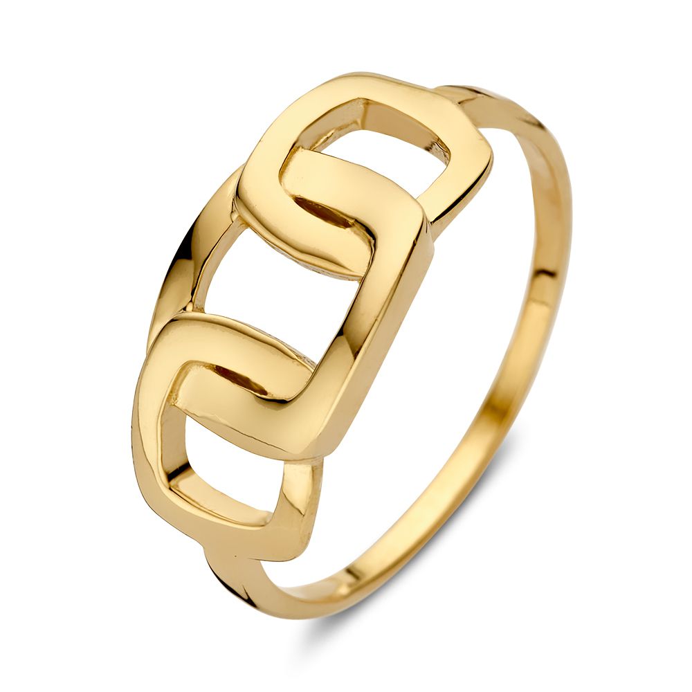 Geelgouden ring met tussenstukje van vierkante schakels.
