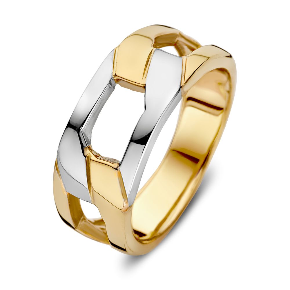 Strakke bicolor wit- en geelgouden ring met schakel.
