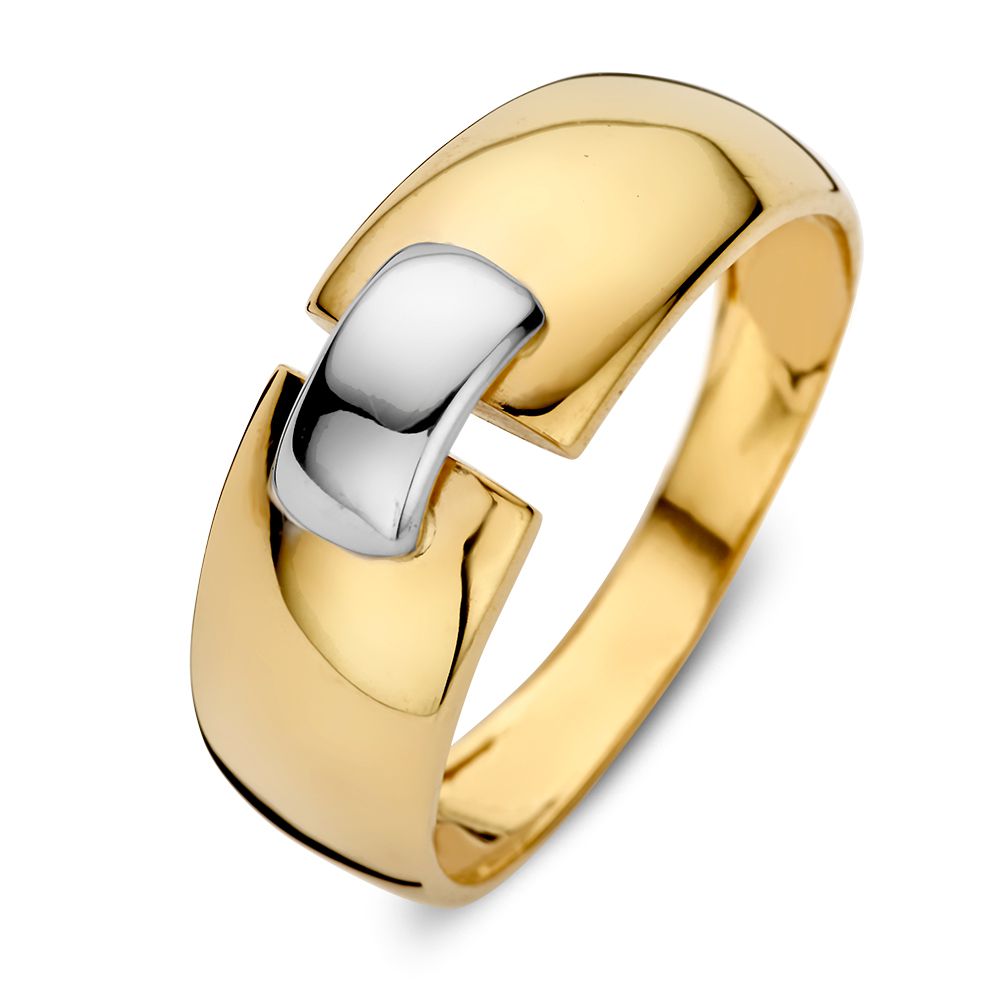 Opvallende geelgouden ring met een verbindingsstukje van witgoud.
