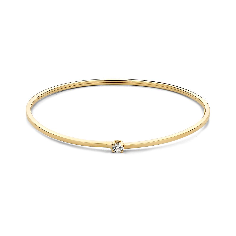 Geelgouden bangle met strakke band, gezet met een zirkonia.
