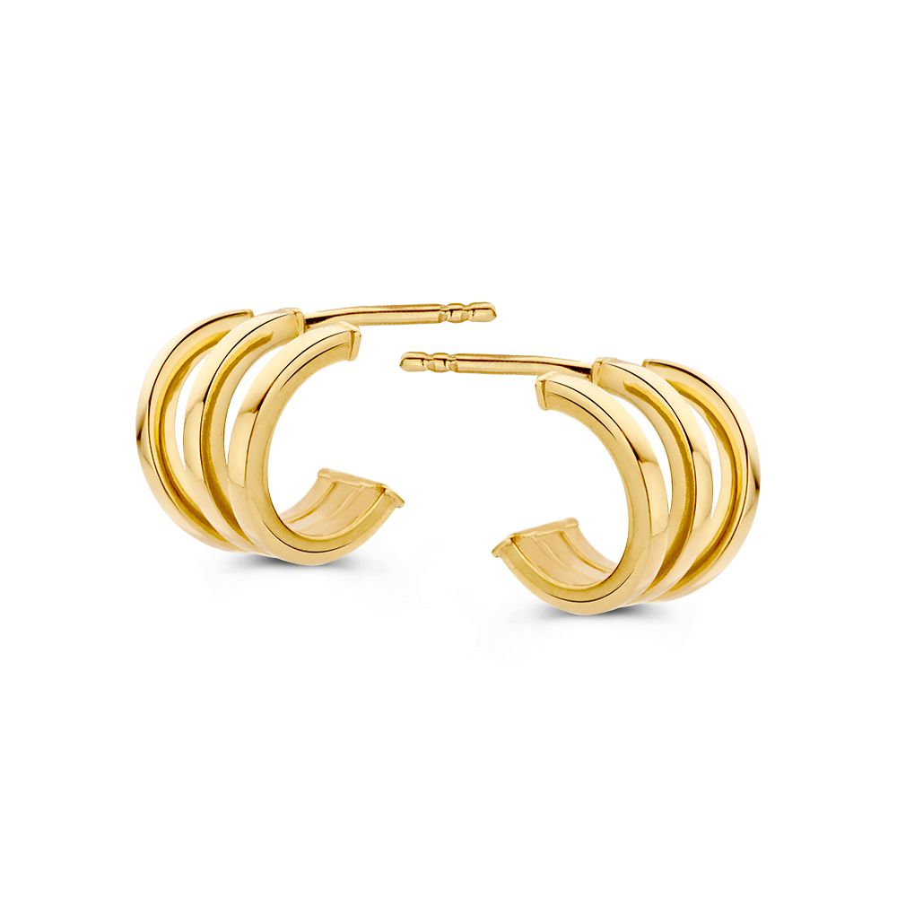 Geelgouden oorstekers met drie banen. Wanneer je de oorbellen draagt, lijkt het alsof ze uit drie verschillende ringen bestaan.
