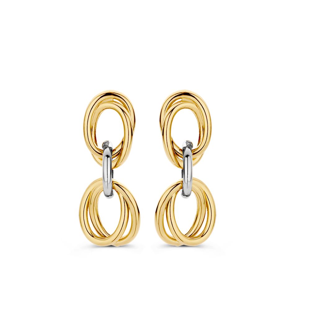 Bicolor gouden oorstekers met hangende schakels.
