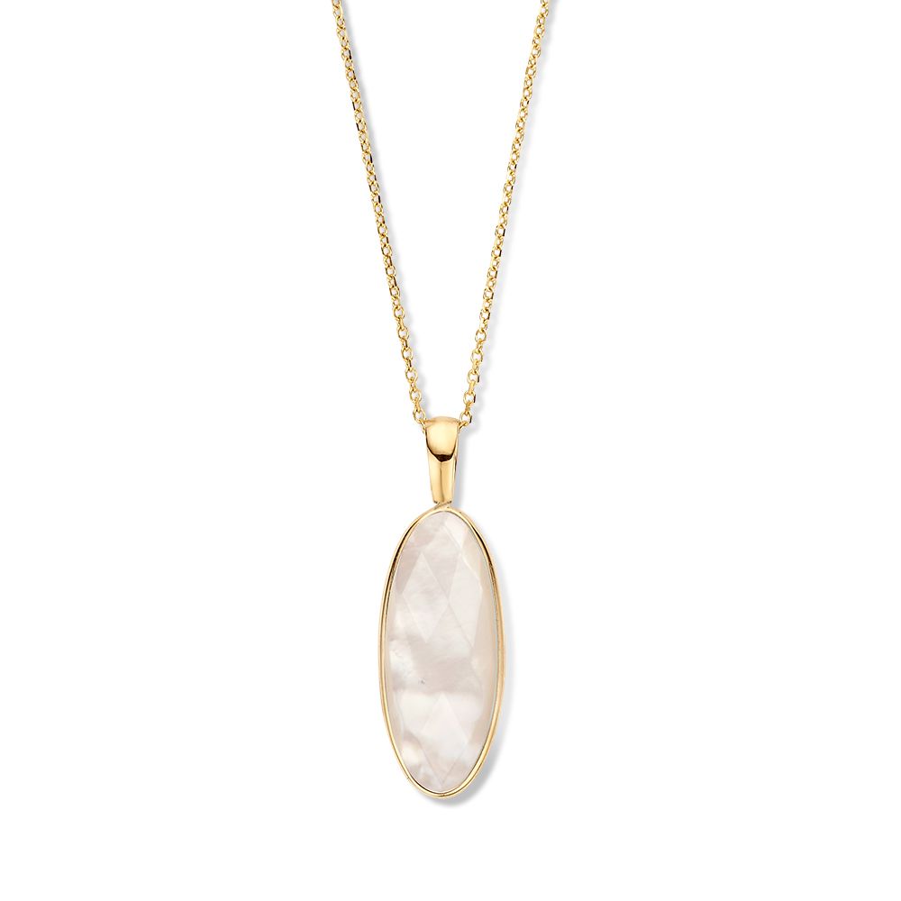 Geelgouden ketting met ankerschakel en prachtige ovale hanger gezet met gefacetteerd parelmoer.
