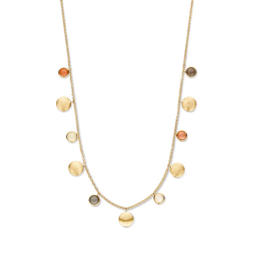 Geelgouden ketting met hangende gouden elementen en verschillende kleuren maansteen.
