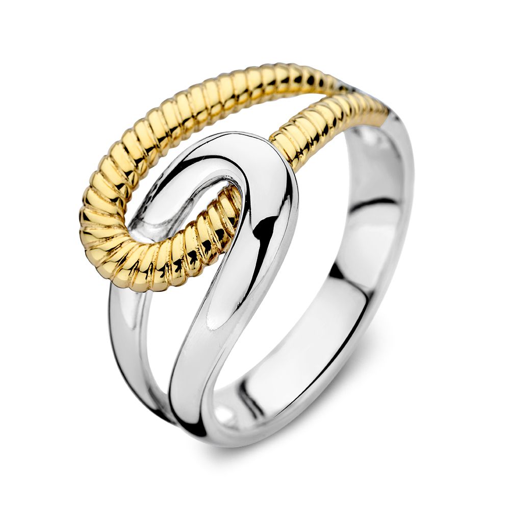 Zilver met 14kt goud ring (geen oplaag). De ring bevat twee banen die elkaar omarmen, de gouden baan heeft een gedraaide bewerking.
