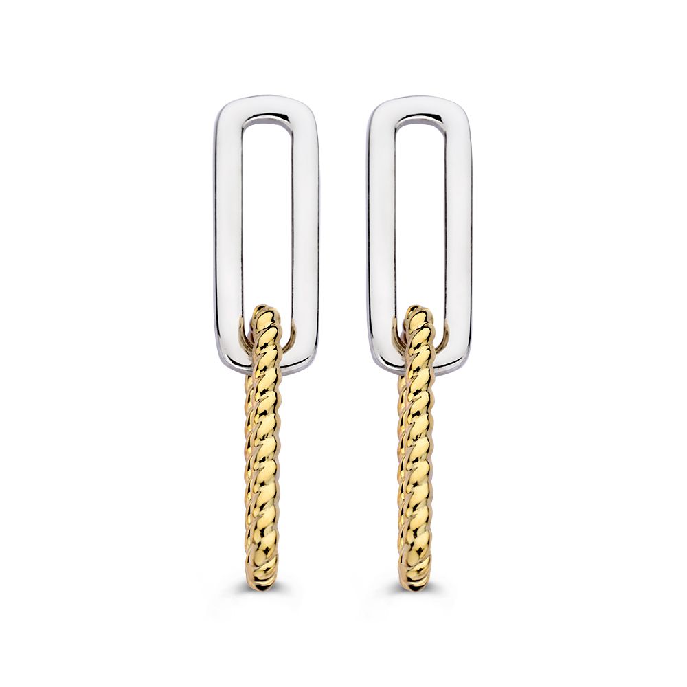 Zilver met 14kt gouden oorbellen (geen oplaag). De oorstekers bevatten twee in elkaar gehaakte paperclipschakels. De gouden schakel heeft geen gedraaide bewerking.
