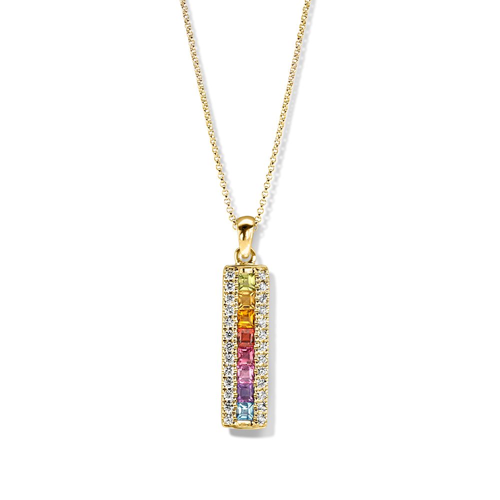 Geelgouden hanger met vrolijke kleurstenen (blauwe topaas, amethist, rhodoliet, citrien, peridot, granaat)en diamanten. Hanger wordt geleverd exclusief collier.
