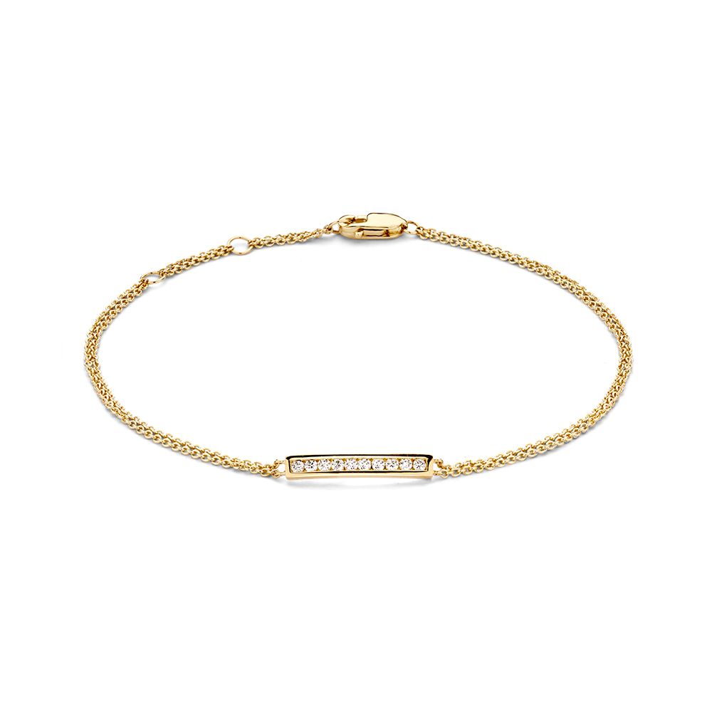 Geelgouden armband met middenstuk gezet met fijne diamanten.
