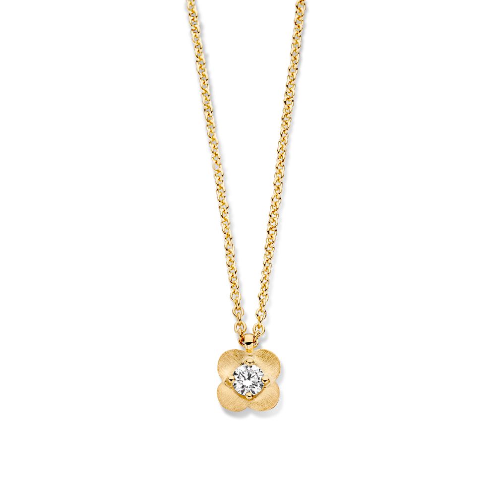 Geelgouden collier met bloemvorige hanger gezet met diamant.
