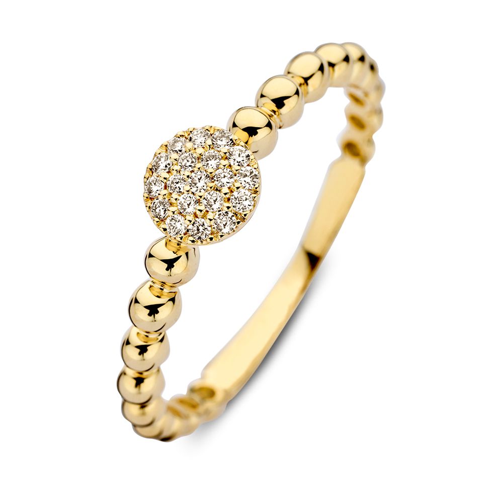 Geelgouden bolletjes ring met een rond middenstuk gezet met fonkelende diamanten.
