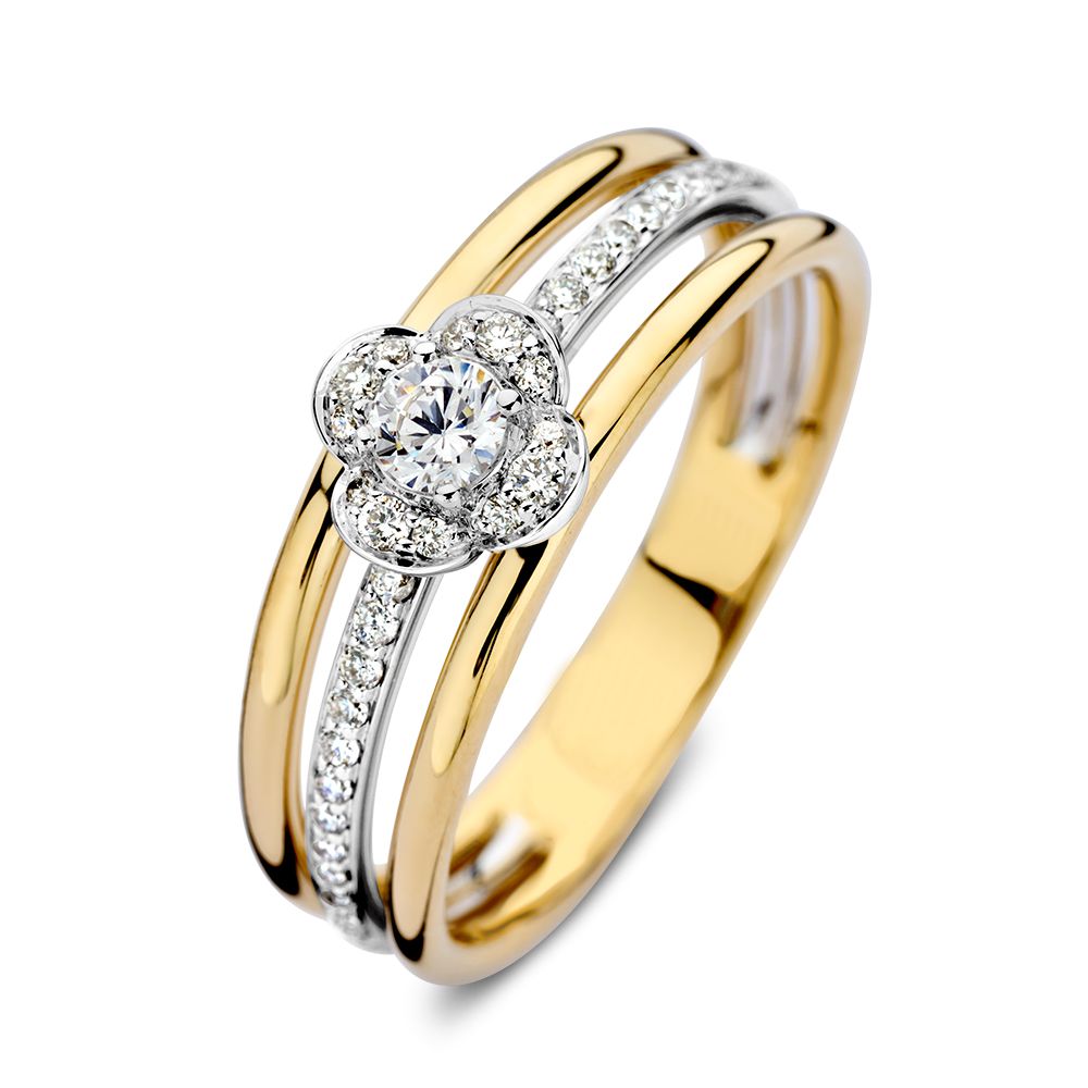 Bicolor damesring met verschillende banen goud en diamanten. De diamanten bloemzetting vormt de absolute eyecatcher van deze ring.
