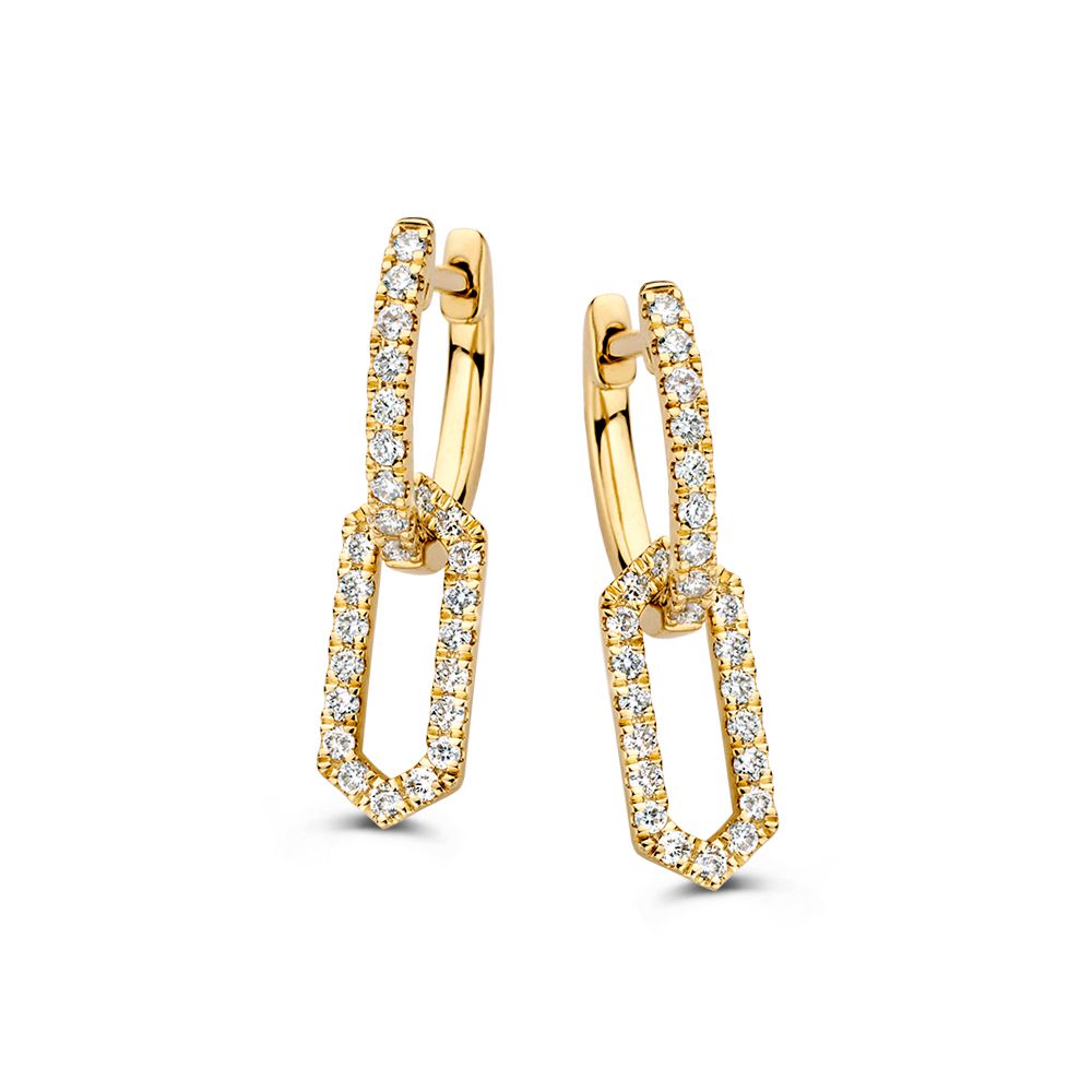 Geelgouden oorringen met losse aanhangers. De oorbedels zijn, net als de oorringen,aan de voorzijde gezet met diamant en kunnen voor een wisselende look gedraaid gedragen worden. De oorringen zijn ook zonder oorbedels te dragen.
