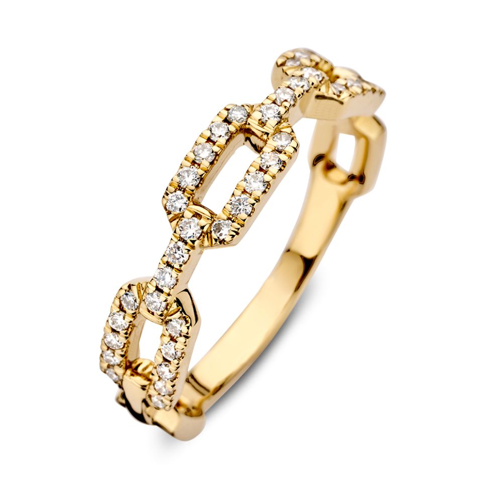 Prachtig geelgouden collier met bijzondere open hagner, gezet met briljant en baguette geslepen diamanten.
