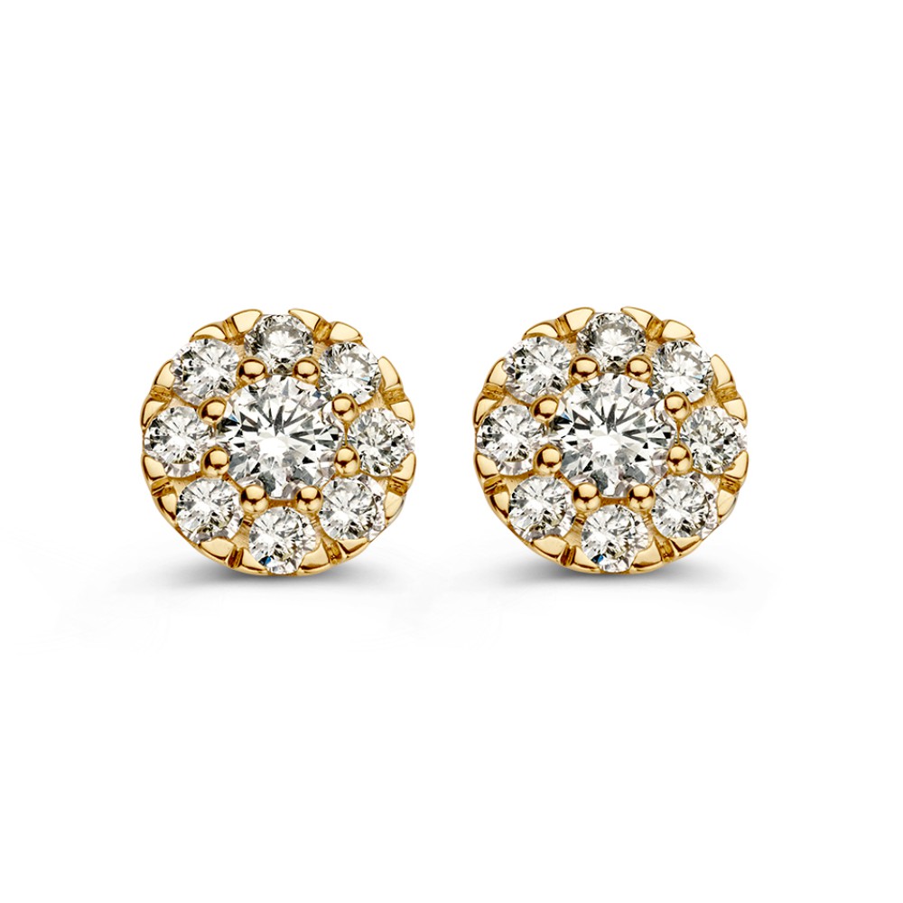 Geelgouden oorknoppen met diamant in entourage zetting.
