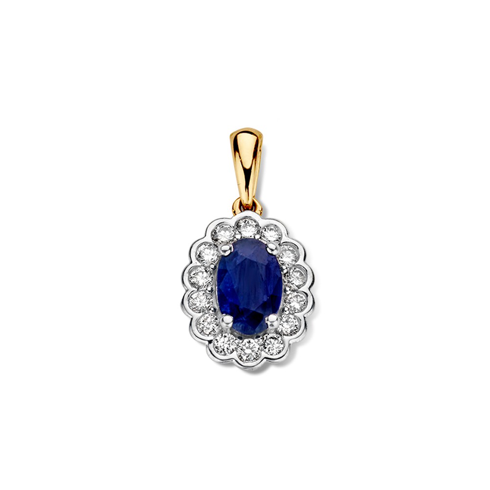 Geelgouden hanger met blauwe saffier in klassieke entourage zetting met diamant. De zetting is gerhodineerd voor een extra stralend effect.
