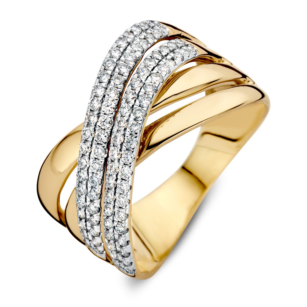 Bijzondere geelgouden crossover ring met golvende banen gezet met schitterende diamanten. De zetting van de diamanten is gerhodineerd.
