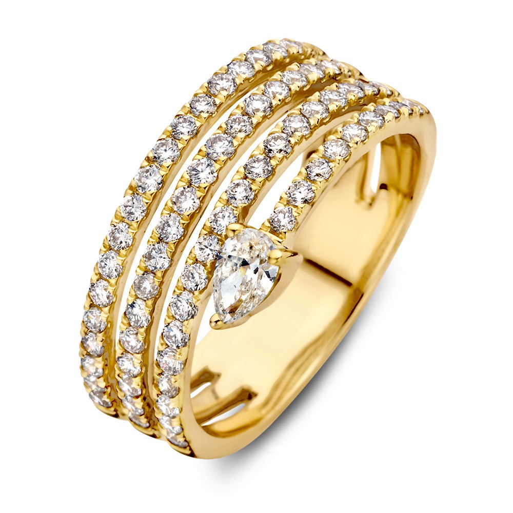 Beeldschone diamanten ring met een bijzonder design. De strakke gouden banen worden om de vinger gedrappeerd en zijn versierd met fonkelene briljanten voor een schitterende look. Op het uiteinde is een peergeslepen diamant gesplaatst, een plaatje aan de hand!
