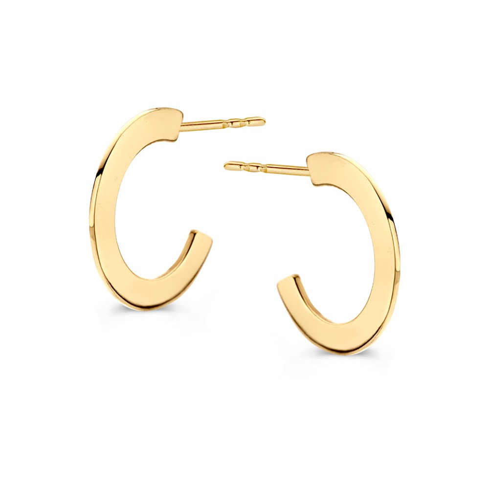 Geelgouden oorringen met stekers en een strak, plat design.
