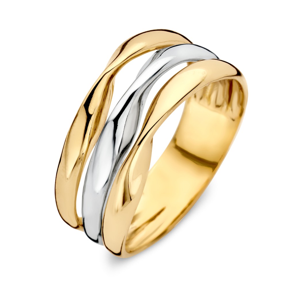 Bicolor wit- en geelgouden ring met golvende banen.
