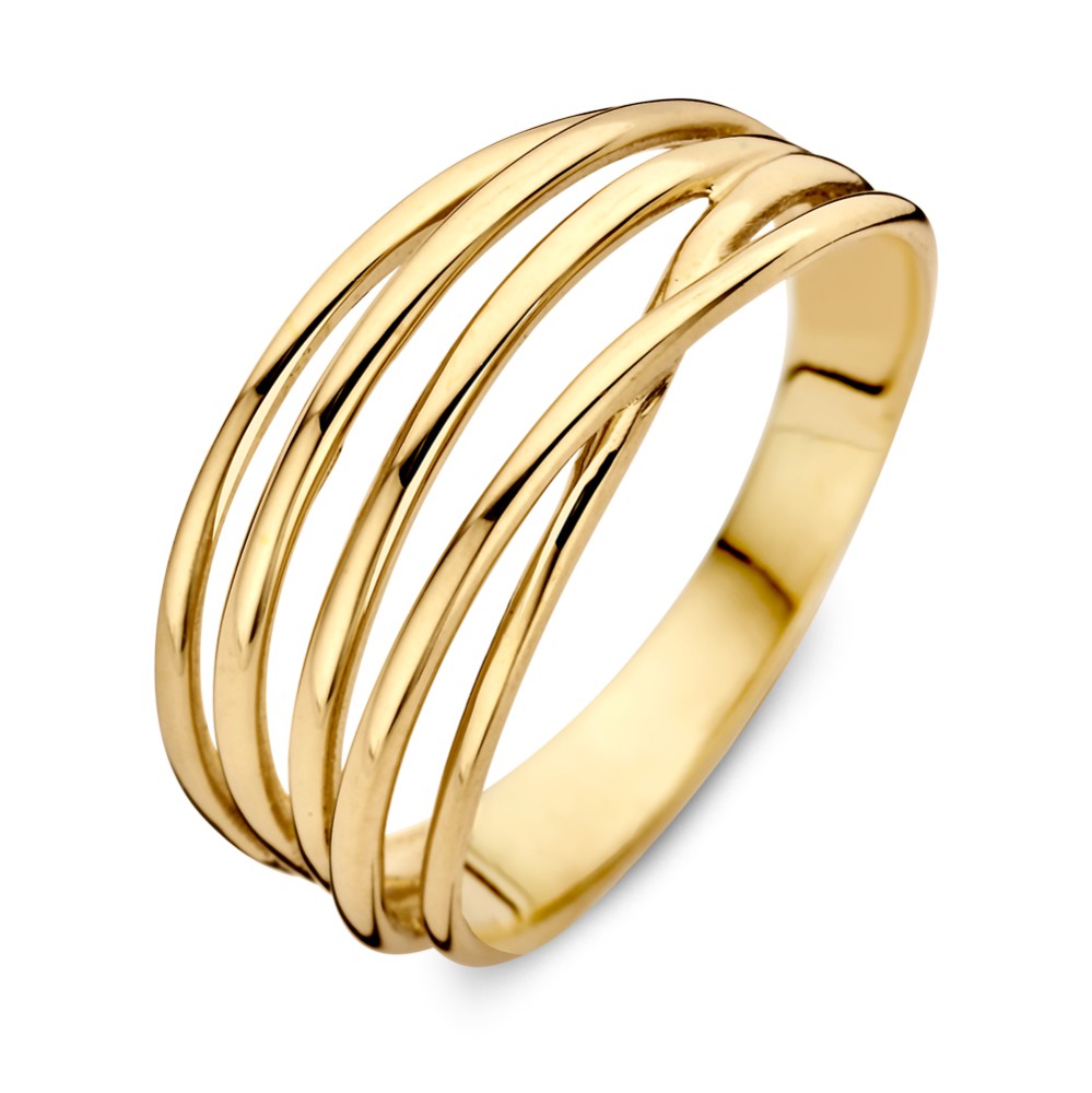 Geelgouden ring met verschillende banen die op speelse wijze over elkaar heen vallen.
