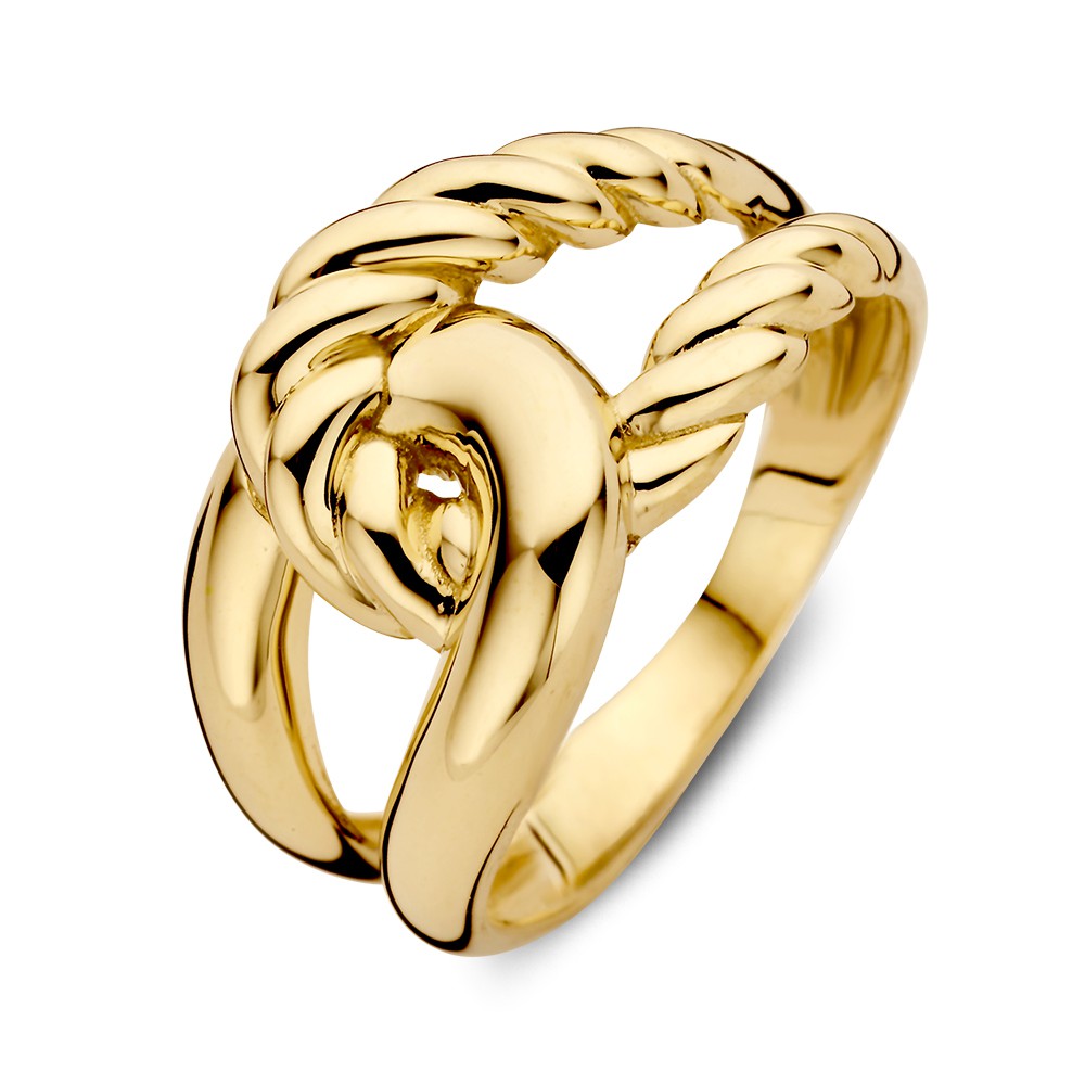 Geelgouden ring met gedraaide knoop.

