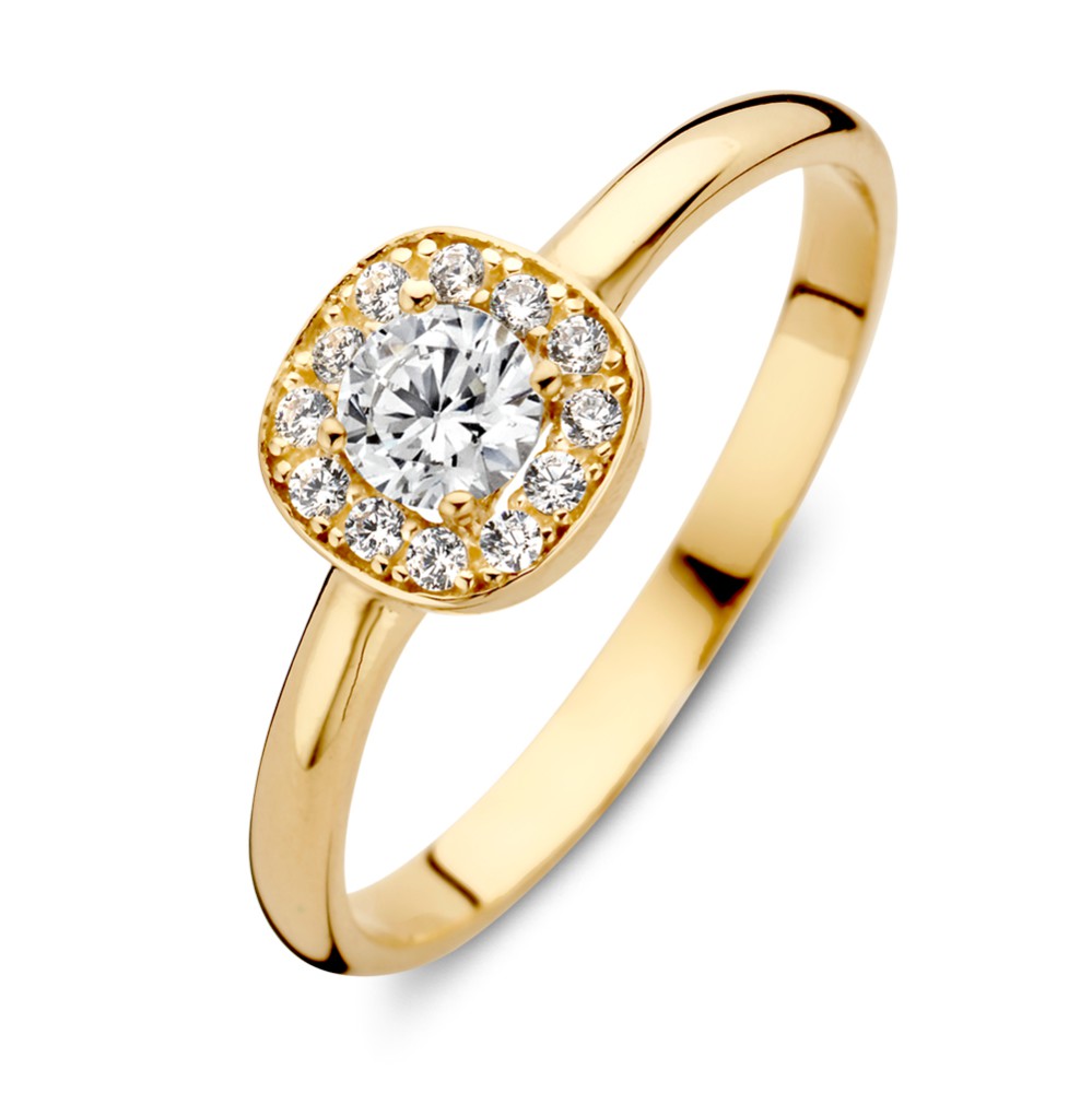 Geelgouden ring met een ronde zirkonia in vierkante zetkast. De middensteen heeft een halo van fijnere zirkonia's.
