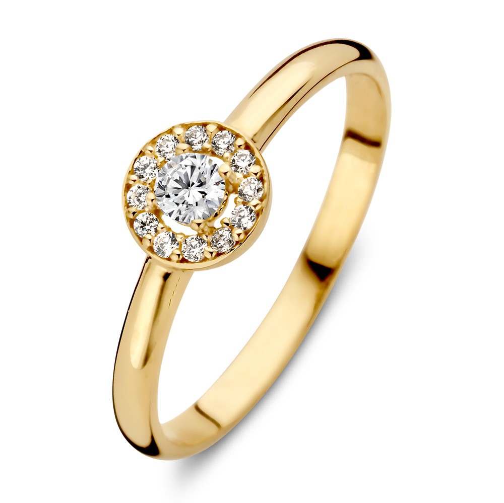 Geelgouden entourage ring met zirkonia's.
