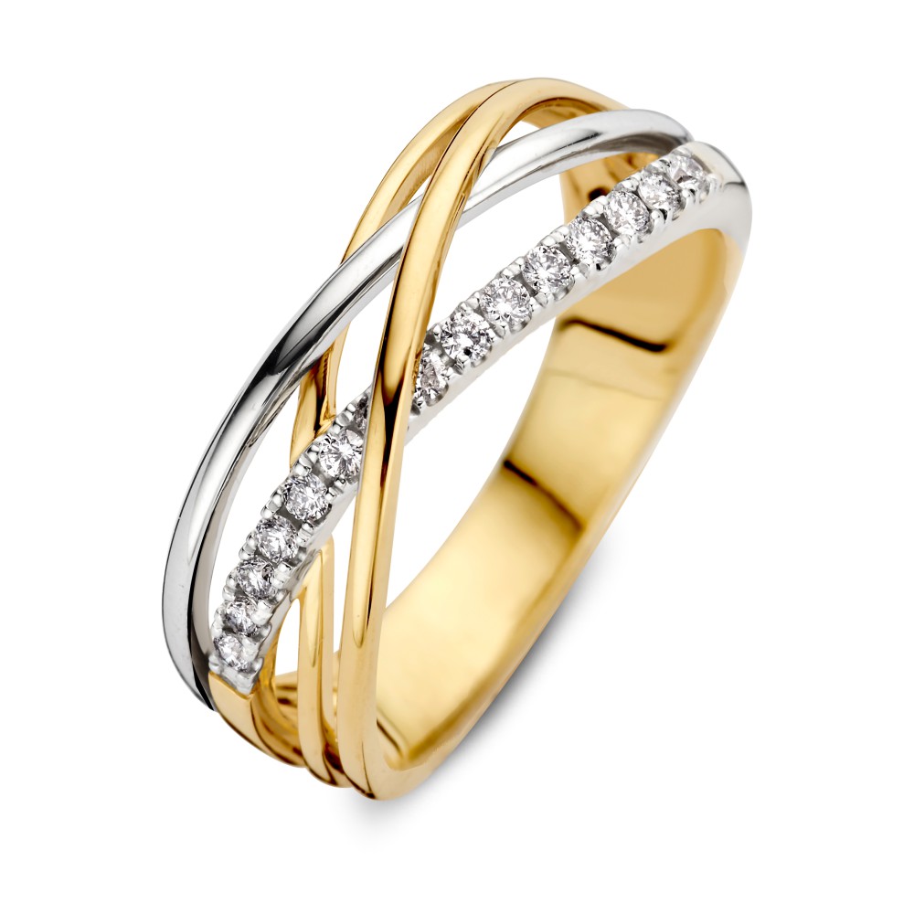 Bicolor wit- en geelgouden crossover ring met fijne diamanten.
