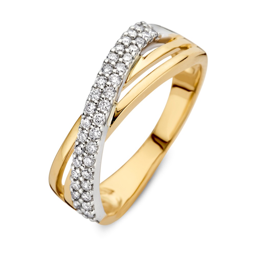Bicolor wit- en geelgouden crossover ring met diamanten.

