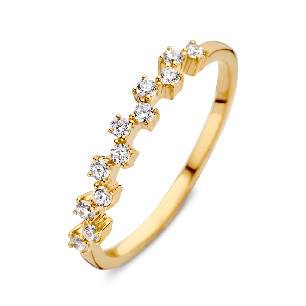 Fijne geelgouden ring gezet met fonkelende zirkonia's.
