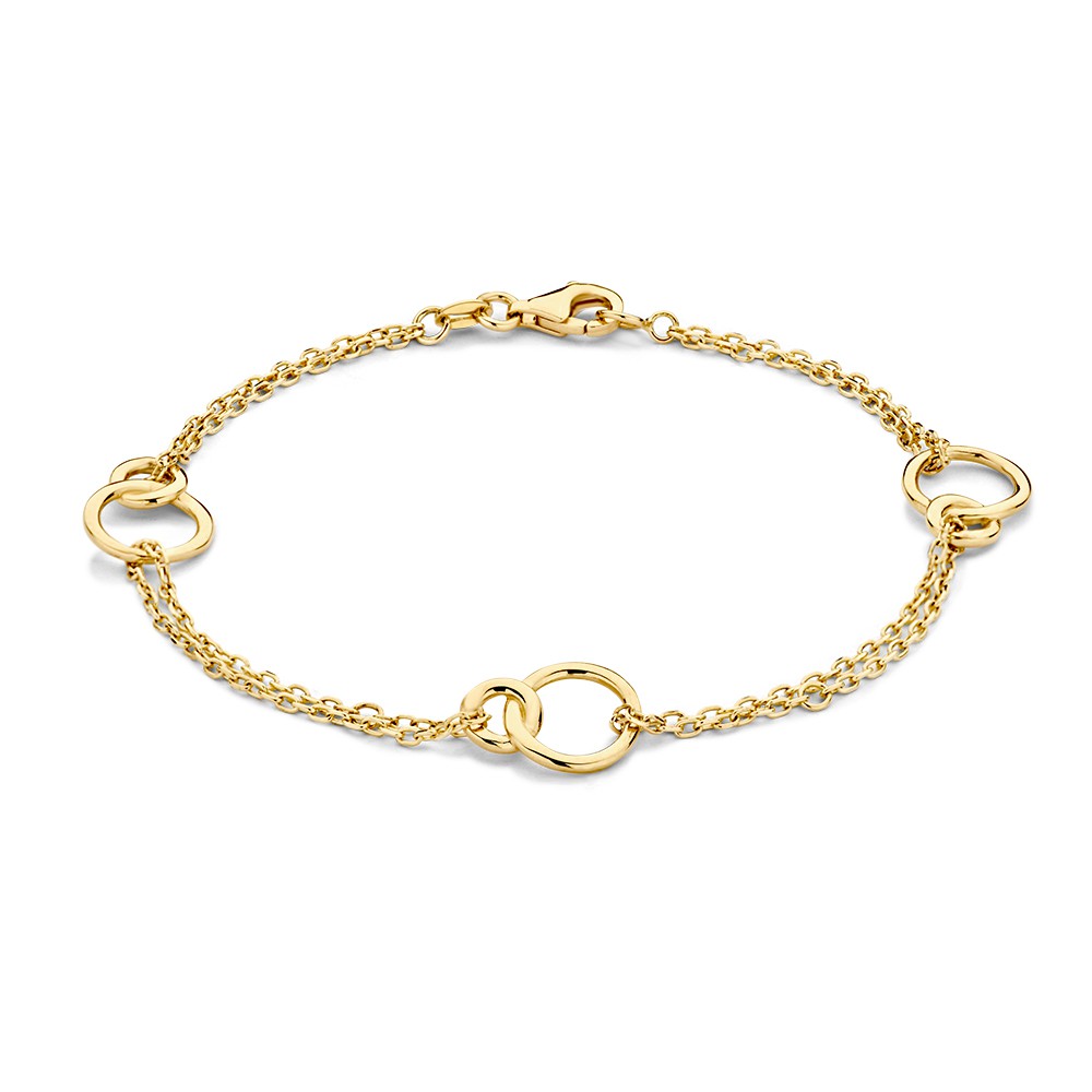Geelgouden armband met dubbele rij en drie gouden elementen van verbonden cirkels.
