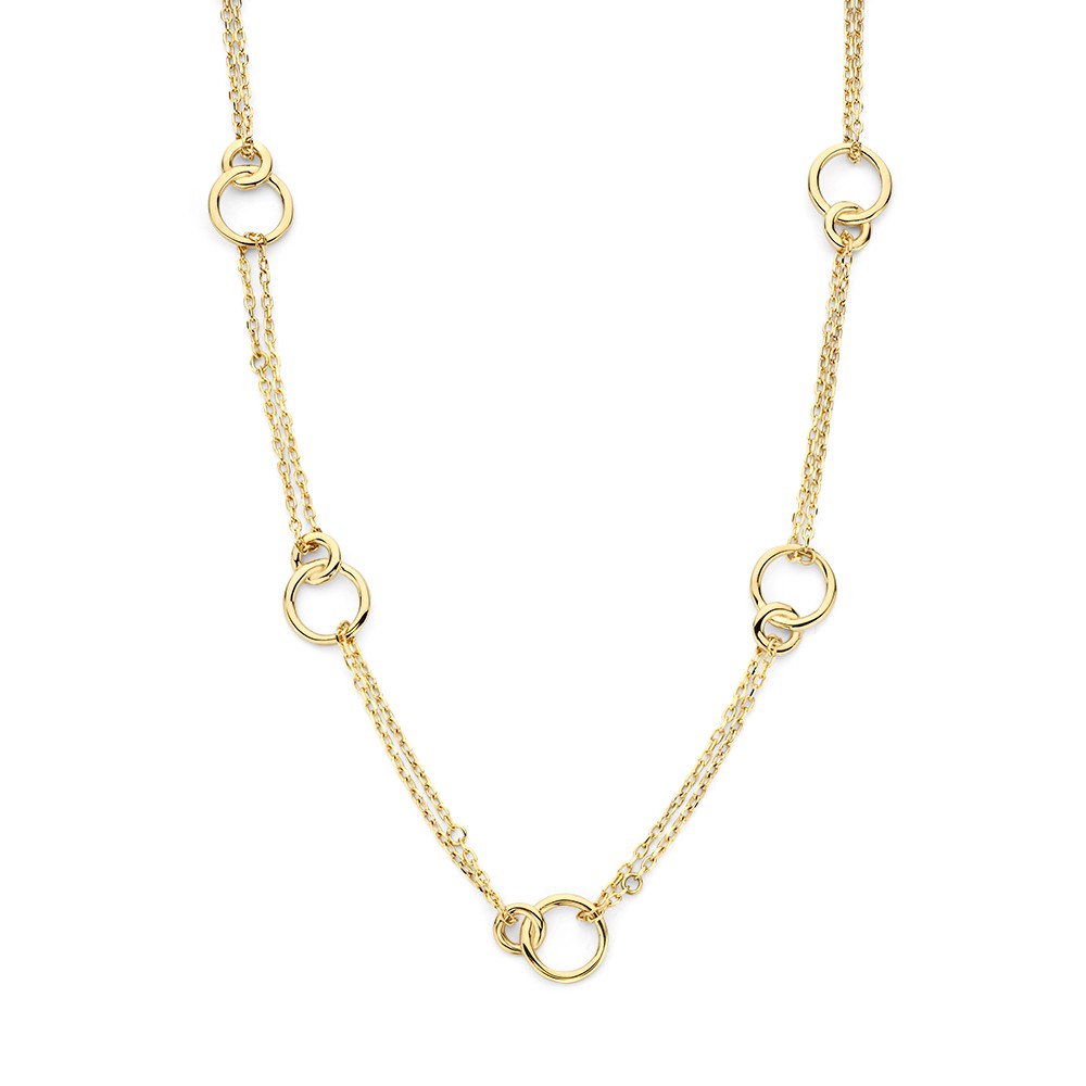 Geelgouden collier met dubbele schakelketting en verbonden cirkels.
