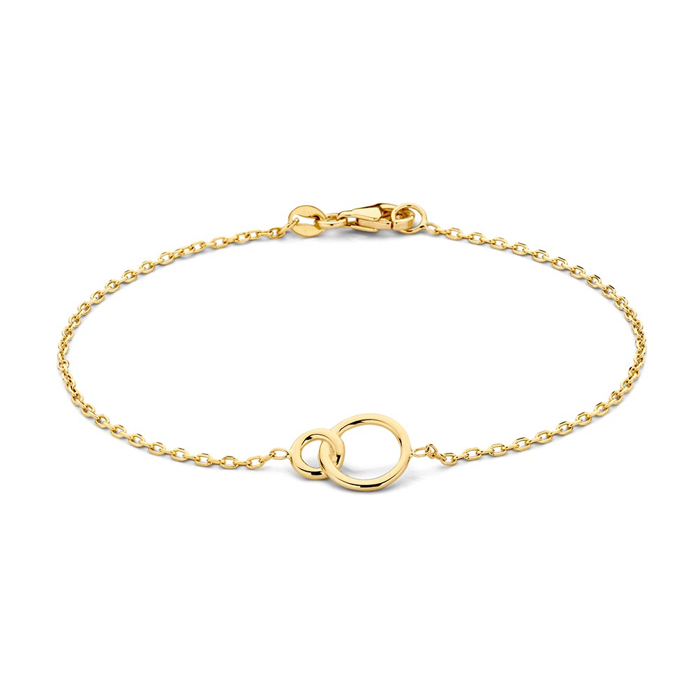 Gouden armband met stevige ankerschakel en twee verbonden cirkels.

