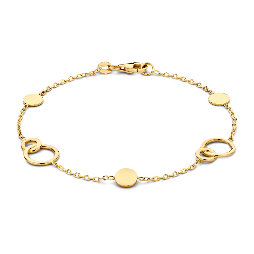 Geelgouden armband met gouden elementen van verbonden cirkels.
