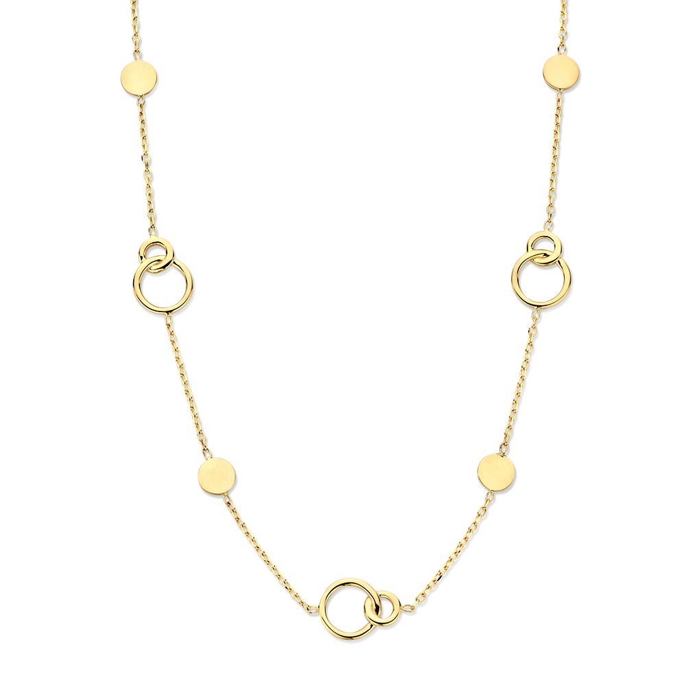 Geelgouden collier met gouden elementen van verbonden cirkels.
