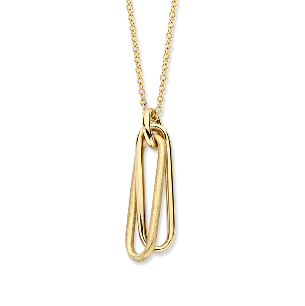 Geelgouden oorhangers met gematteerd gouden elementen.
