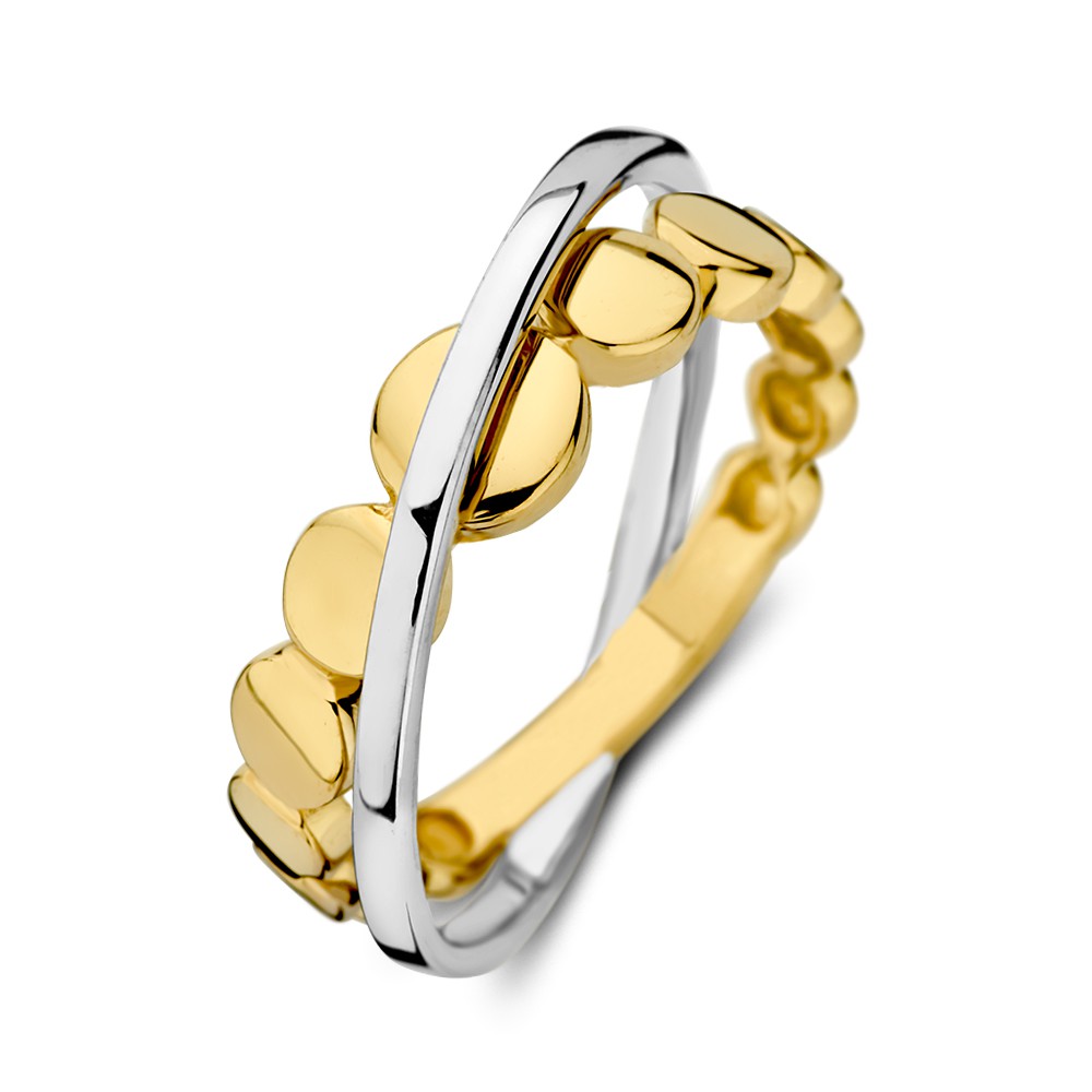 Bicolor wit- en geelgouden ring met twee gekruiste banen.
