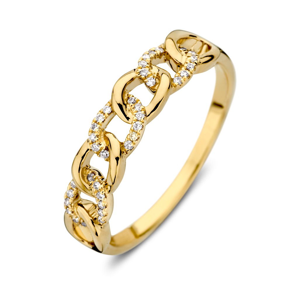 Geelgouden schakelring met diamant.
