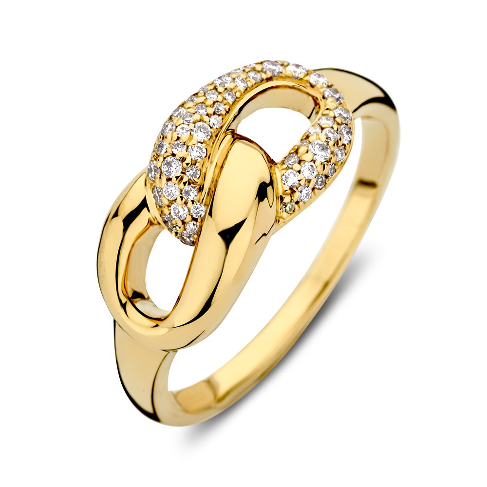 Geelgouden ring met twee verbonden schakels, waarvan één gezet met diamant.

