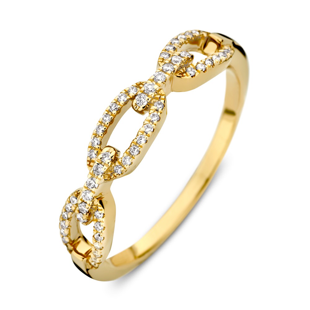 Geelgouden ring met schakelpatroon en diamanten.
