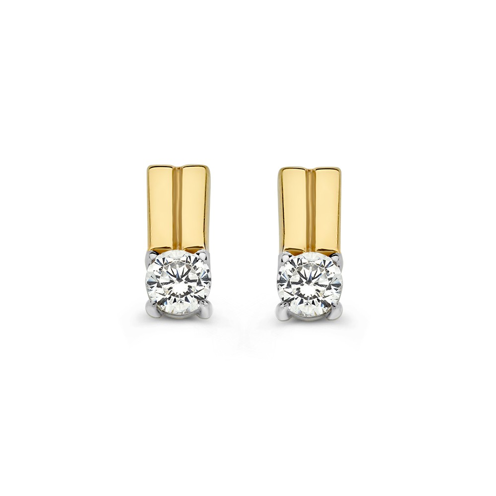 Bicolor wit- en geelgouden oorstekers met zirkonia in strak design.
