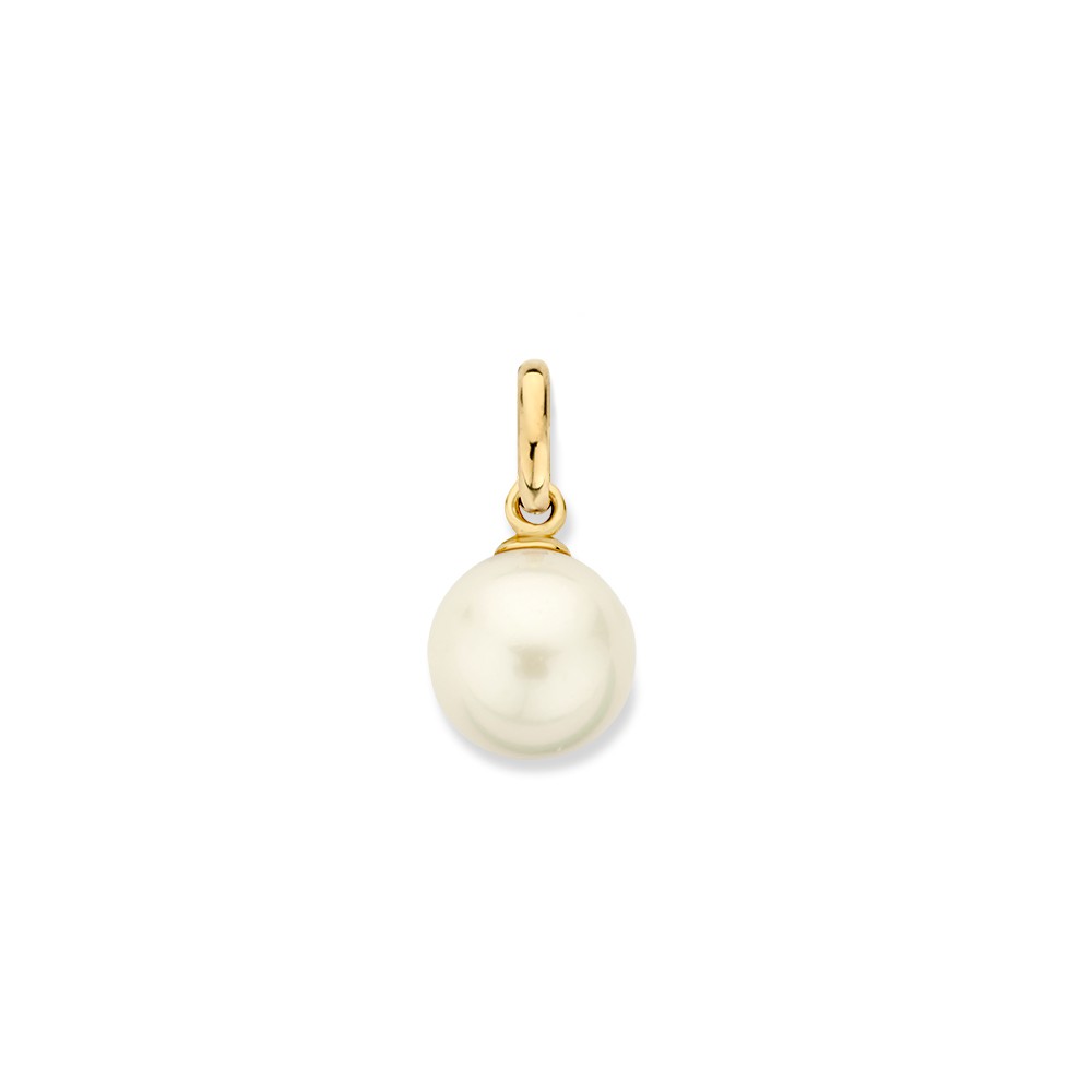 Geelgouden hanger met zoetwaterparel.
