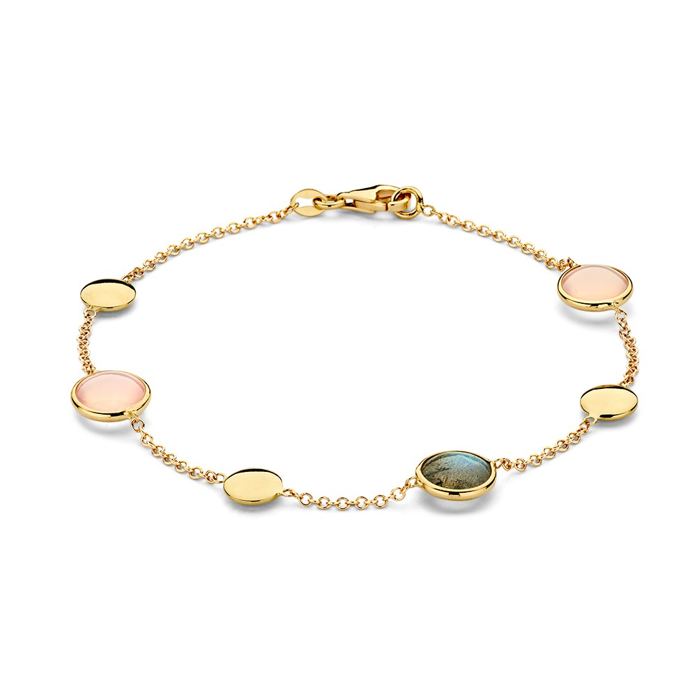 Geelgouden armband met labradoriet en rozekwarts.
