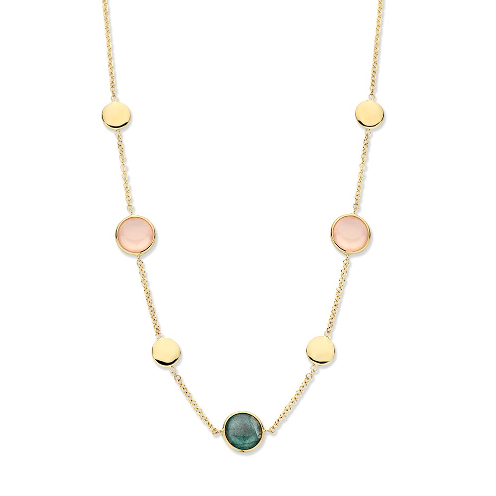 Collier geelgoud met labradoriet en rozekwarts.
