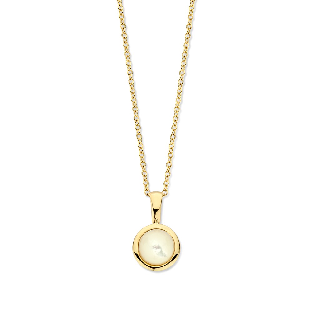 Prachtig geelgouden collier met ankerschakel en hanger met cabuchon geslepen parelmoer.
